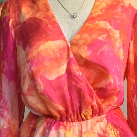 GUESS Printed Blouse Top Long Slit Sleeve Wrapped Ruched Waisted Chiffon S - Picture 9 of 11